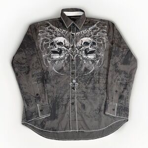 Affliction Live Fast Button Shirt Mens M Skull Cross Grunge Stretch Material